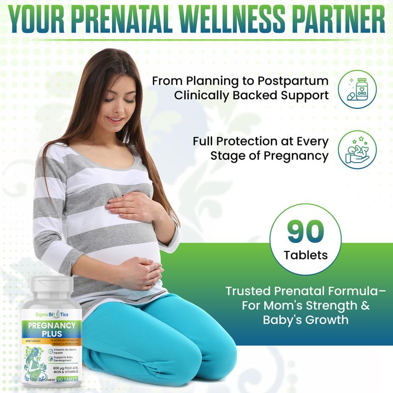 SigmaBiotics Pregnancy Plus Multivitamin for Women – 90 Tablets | Folic Acid, Iron, Vitamin D3, Omega-3 and Probiotic Blend - Prenatal Support Supplement for Mom’s Energy, Immunity, and Baby's Growth
