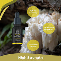 Lions Mane Supplement Liquid 1000mg - 60 Vegan Servings High Strength Lions Mane Mushroom Fruiting Body Extract - 2 Months Supply - Nootropic - Made in The UK by BLACK HAWK
