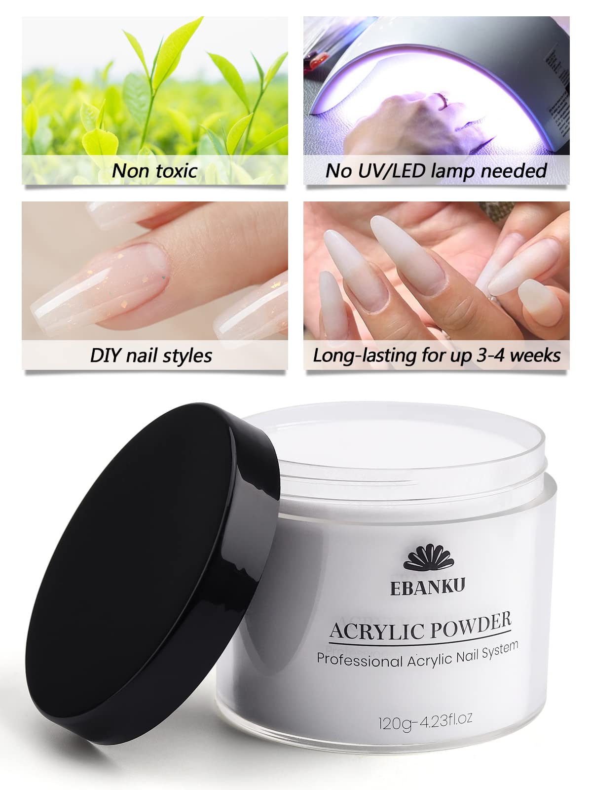 120g/4.23oz Clear Acrylic Powder, EBANKU Acrylic Powder Large Capacity Professional Acrylic Nail Powder for Nail Acrylic Extension, Nail Carving, Long-Lasting, No Nail Lamp Needed