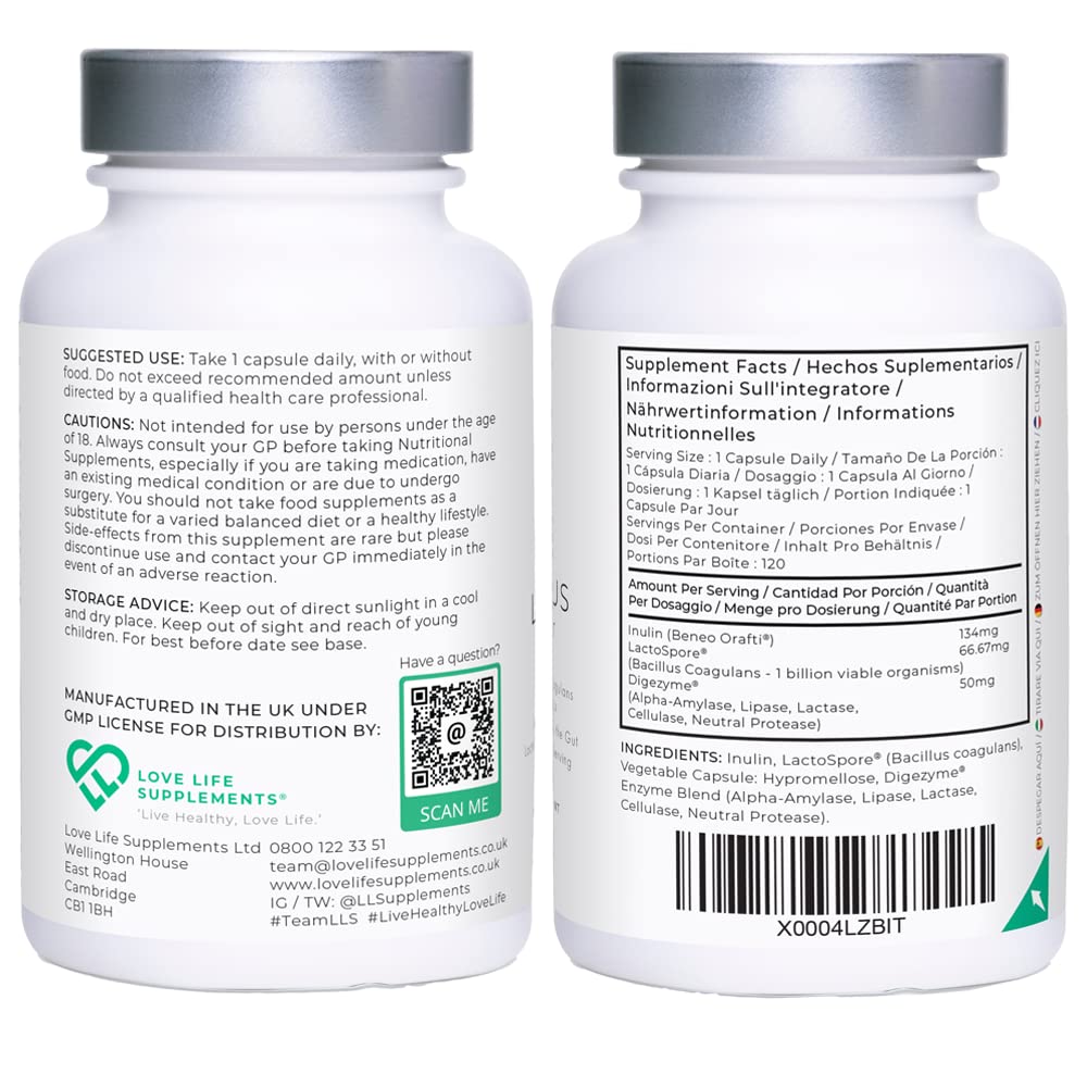 LactoSpore® (Bacillus Coagulans) Plus Spore Based Probiotic | 120 Capsules - 4 Month Supply | Bloating Relief/Gut Health | 15 Billion CFU/g | Includes Digestive Enzymes & Prebiotic Inulin | UK Made