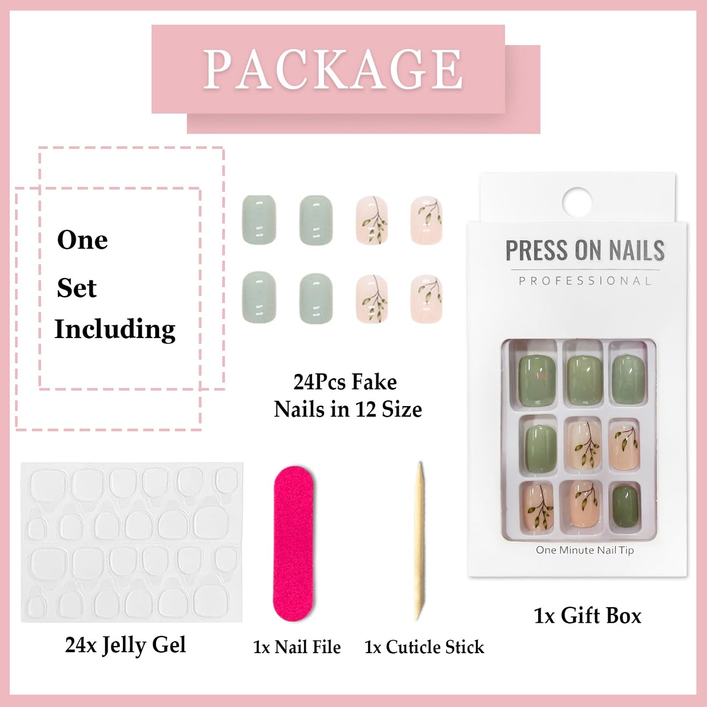 Ceboic 24Pcs Short Square False Nails Glossy French Tips Press on Nails Green Fake Nails with Elegant Leaves Designs Reusable Artificial Stick on Nails for Women Girls Nail Art Accessories