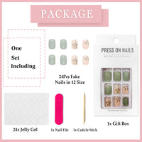Ceboic 24Pcs Short Square False Nails Glossy French Tips Press on Nails Green Fake Nails with Elegant Leaves Designs Reusable Artificial Stick on Nails for Women Girls Nail Art Accessories