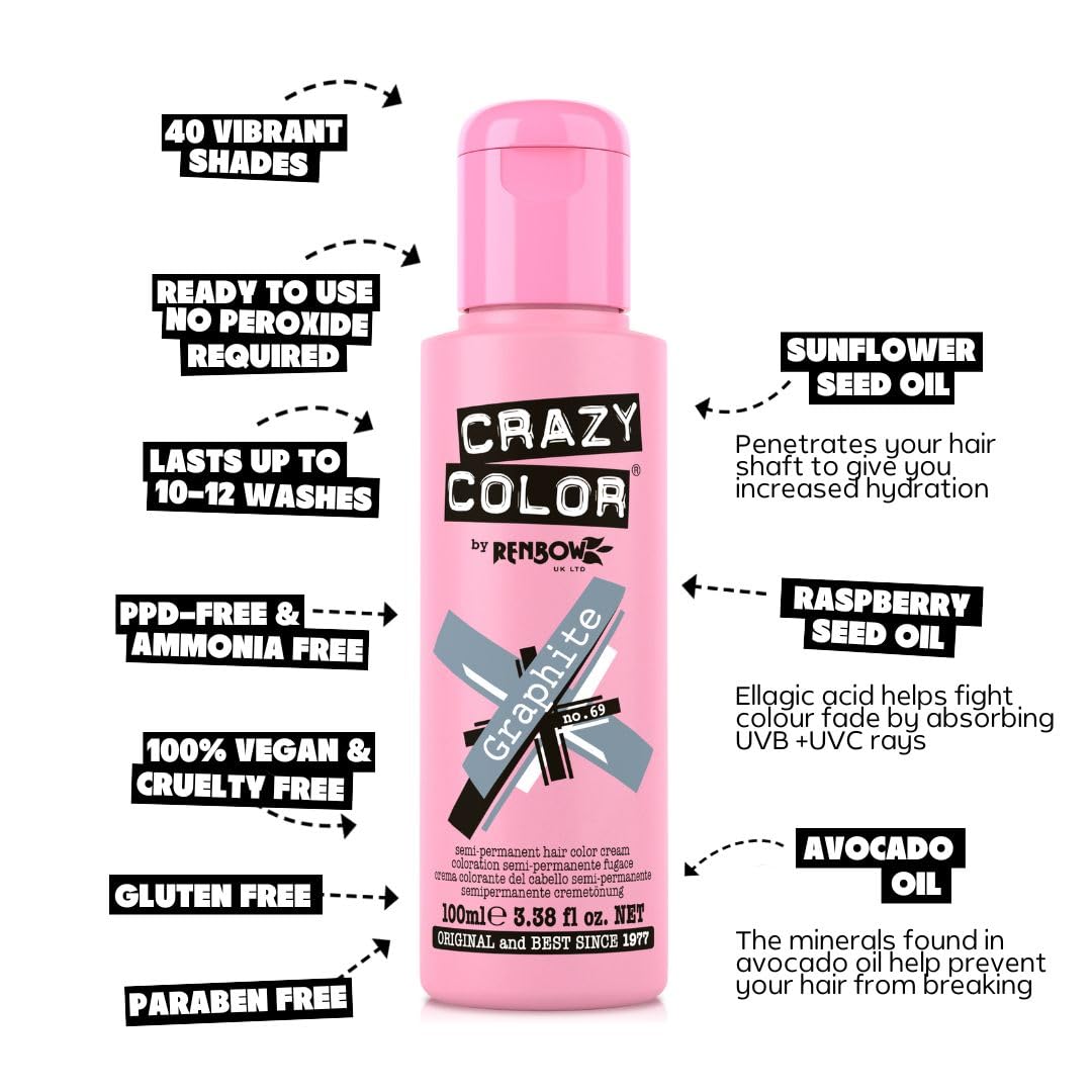Crazy Color Metallic Graphite Semi-Permanent Hair Dye. Highly Pigmented Silver Toner Conditioning & Oil Nourishing Vegan Formula | No Bleach or Ammonia | 100ml