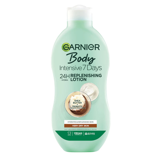 Garnier Intensive 7 Days Shea Butter & Probiotic Extract Body Lotion 400ml, Ultra Replenishing Soothing Moisturiser, Up to 7 Days Hydration, For Very Dry Skin, Fast Absorbing & Non Greasy