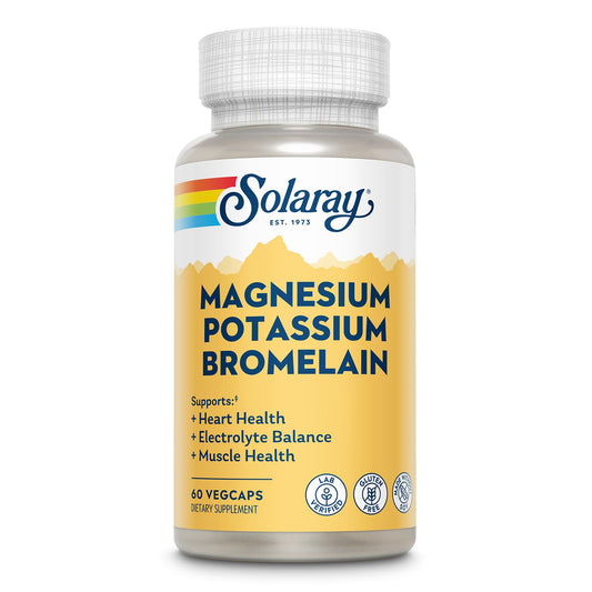 Solaray Magnesium and Potassium with Bromelain, Magnesium Potassium Supplement for Heart Health, Electrolyte, and Muscle Support - Gluten Free & Lab Verified - 30 Servings, 60 VegCaps