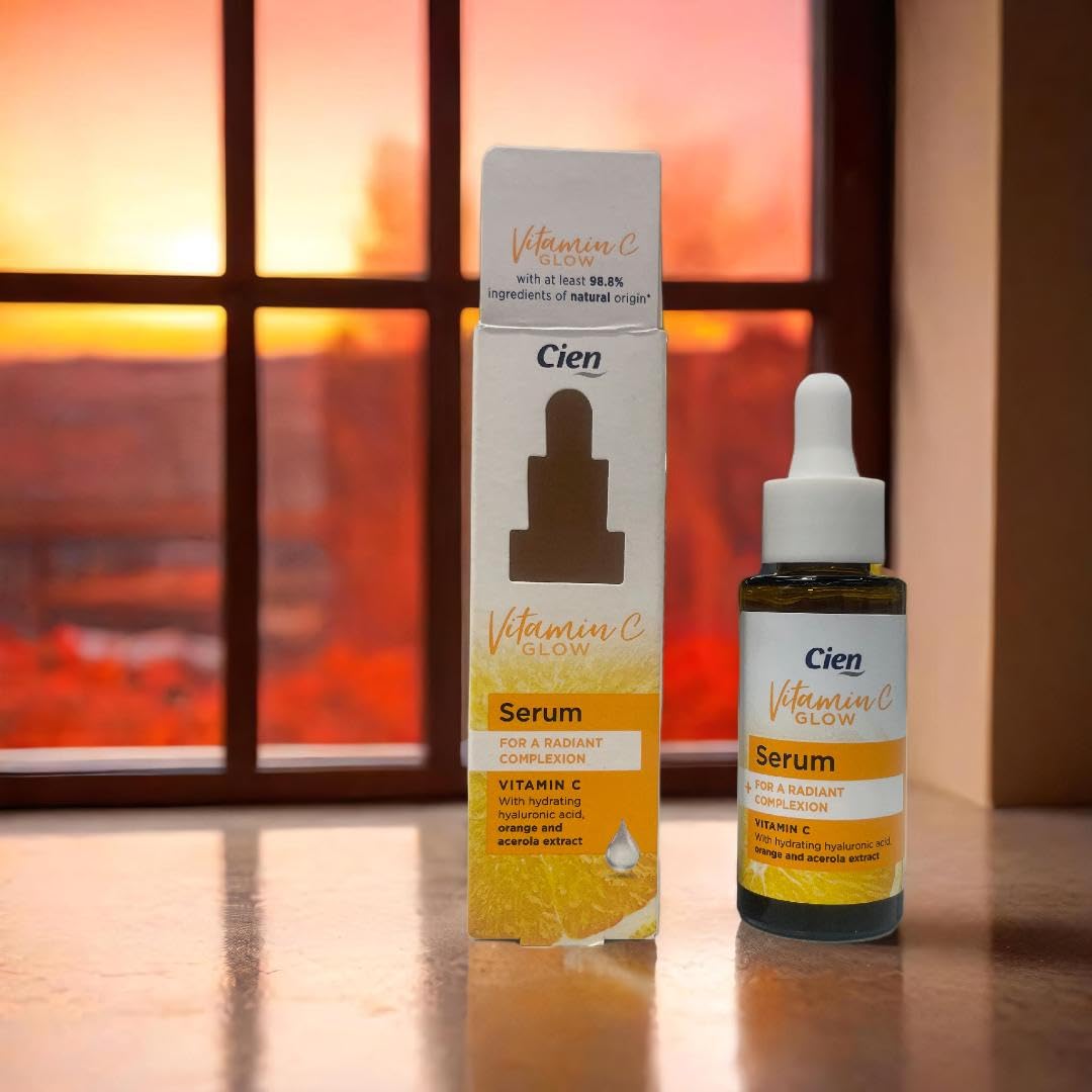 Cien Vitamin C Glow Serum - 98.8% Natural Ingredients, Hydrating with Hyaluronic Acid, Orange & Acerola Extract for Radiant Complexion