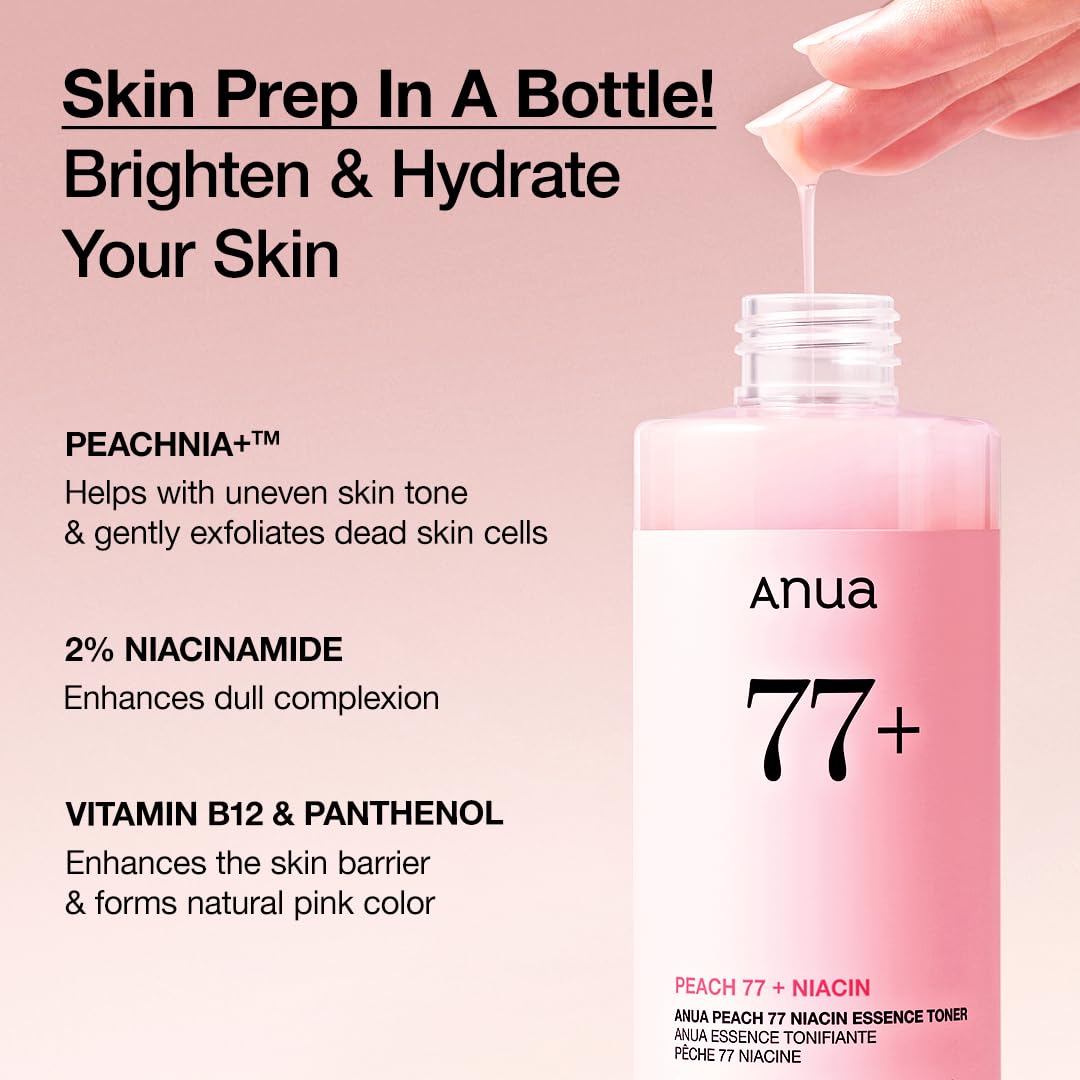 ANUA Peach 77 Niacin Essence Toner, Facial Toner for Glass Skin, Niacinamide, Panthenol, Ceramides, Korean Skin Care, 250ml/8.45 fl.oz.