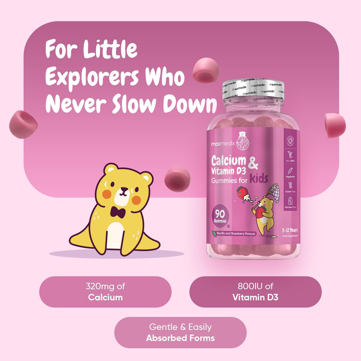 maxmedix Calcium and Vitamin D for Kids | 90 Tasty Gummies | Natural Strawberry & Vanilla Flavours | 45 Days Supply | Vegetarian Calcium for Kids Aged 3-12 Years | Easy to Chew, Gluten-Free & Lactose-Free