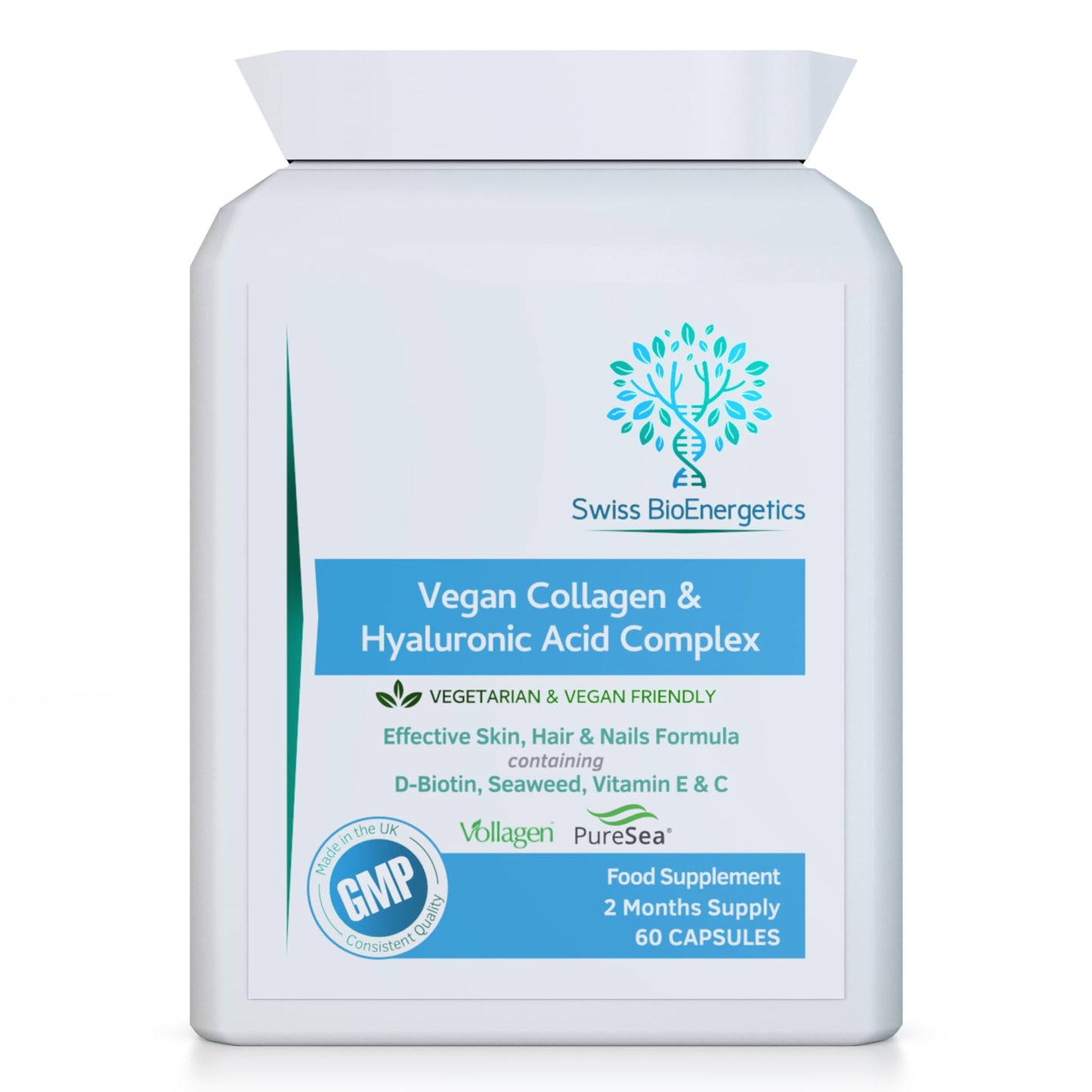 swiss bioenergetics Vegan Collagen & Hyaluronic Acid Complex - 60 Capsules - Effective Skin, Hair & Nails Formula with 500mg of Vollagen in The Exact Amino ratios of Human Collagen - D-Biotin, Seaweed, Vitamins E&C