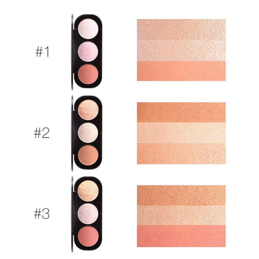 Highlighter Palette, FOCALLURE 3 Colors Blusher Highlighter Palette Face Natural Contour Cheek Blush Complexion Highlighting Illuminating Palette Makeup Beauty Cosmetics(1#)