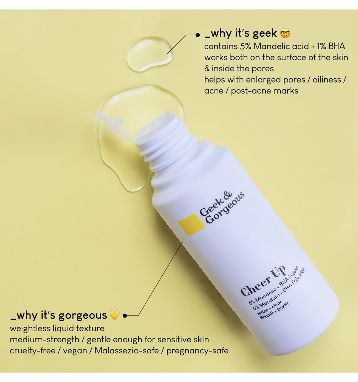 Geek & Gorgeous Cheer Up 6% Mandelic and BHA - liquid exfoliant, for enlarged pores, oiliness, acne and post-acne marks - combination, oily and sensitive skin, 100ml