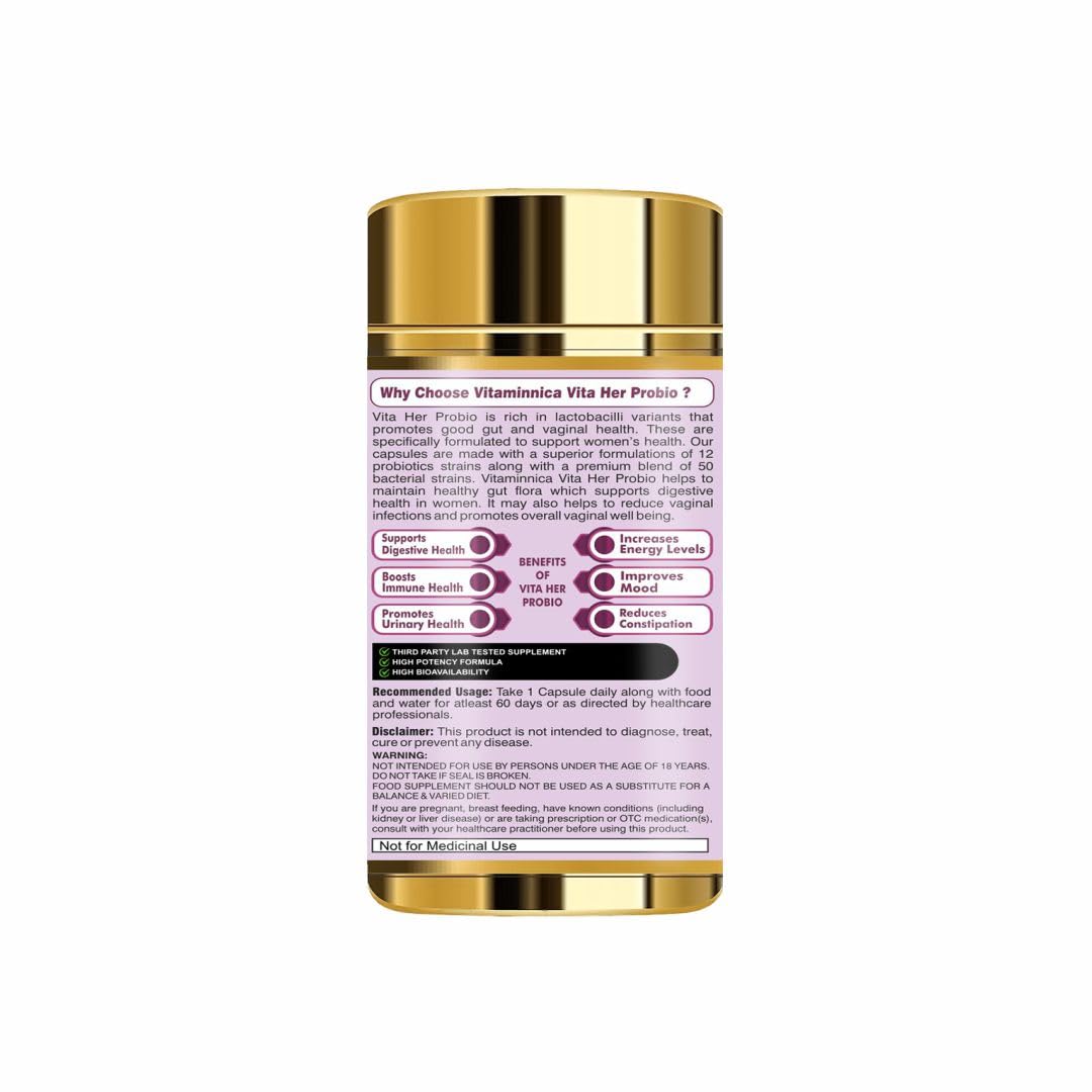 Vitaminnica Because your Health Matters Vitaminnica Vita Her Probio | 50 Billion | 12 Probiotics Strains | Premium Women's Blend for Gut & Vaginal Health | 60 Capsules