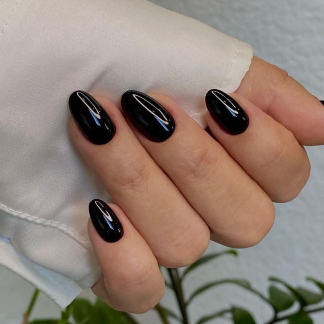 KQueenest Acrylic Press on Nails Short Oval, Black False Nails Short Almond, Glossy Solid Color Round Fake Nails Set, Reusable Natural Gel Stick on Nail for Women Finger Daily Wear 24 Pcs