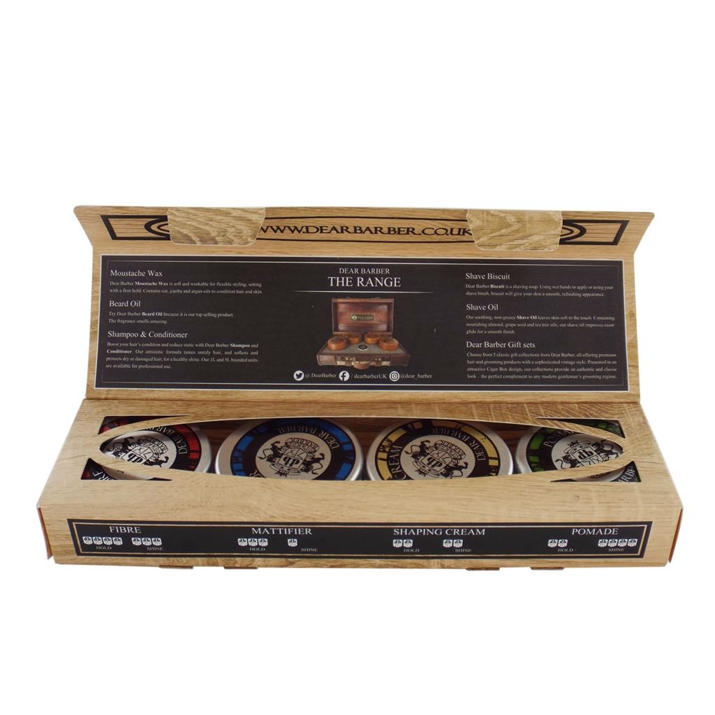 Dear Barber MINI HAIR STYLING COLLECTION GIFT SET – Travel-Sized Hair Styling Kit for Men – Includes Fibre, Mattifier, Shaping Cream & Strong Hold Pomade For Men, 4x 20ml