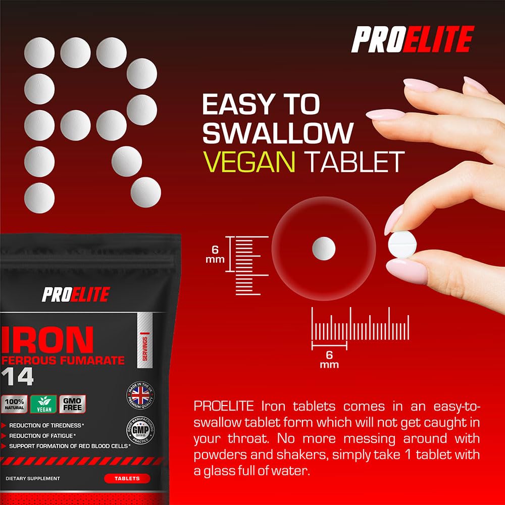Iron Tablets High Strength 14mg - 365 Tablets - Vegan Iron Energy Tablets for Tiredness and Fatigue - High Absorption Iron Supplements for Women and Men - Made in The UK by PROELITE