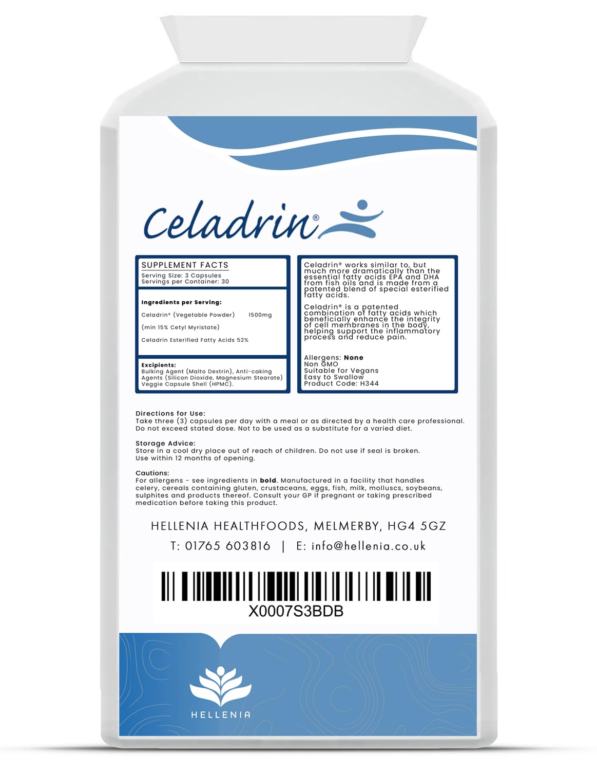 Celadrin® Capsules 500mg | Potent Joint Care Supplement | Branded Ingredient | Clinically researched for Improved Joint Function & Mobility | 90 Capsules - Vegan Friendly | Made in The UK by Hellenia