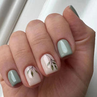Ceboic 24Pcs Short Square False Nails Glossy French Tips Press on Nails Green Fake Nails with Elegant Leaves Designs Reusable Artificial Stick on Nails for Women Girls Nail Art Accessories