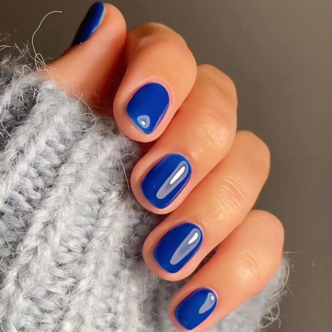 SXVME Royal Blue Press on Nails Short Square Acrylic Short False Nails Coffin Natural Acrylic Fake Nails Set Elegant Solid Color Full Cover Glossy Gel Stick on Nail for Women Daily Wear 24 Pcs