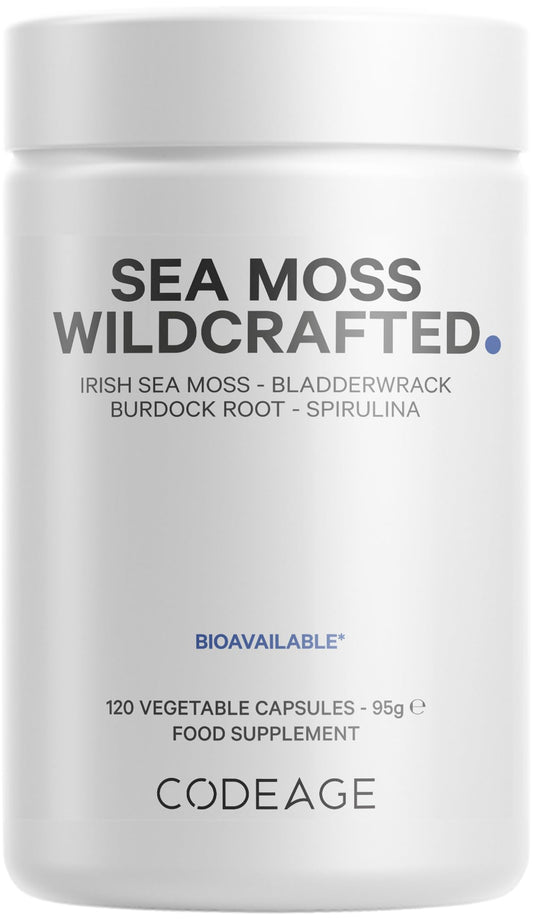 Codeage Raw Wildcrafted Irish Sea Moss Supplement – with Bladderwrack, Burdock Root, Spirulina, BioPerine & Peppermint Oil – Vegan, Non-GMO – Superfood Mineral Complex – 120 Capsules