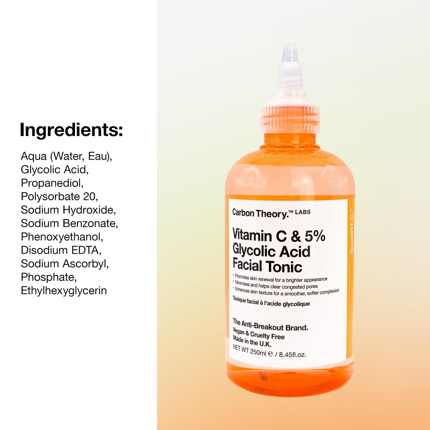 Carbon Theory SupaVIT-C Vitamin C Skin Toner for Face - 5% Glycolic Acid Toner & Blemish Control Cleanser - Reduces Excess Oil & Minimises Pores - Exfoliating Vegan Facial Tonic - 250ml
