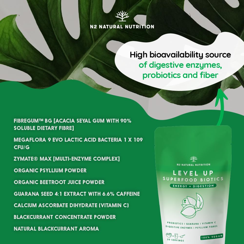 Probiotics with Digestive Enzymes, Psyllium Fibre, Beetroot and Vitamin C. Powerfull Ally for Better Digestions and Bloating Relief. Gut Health Supplement. Vegan. N2 Natural Nutrition