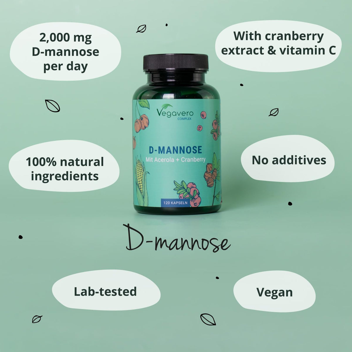 Vegavero D-Mannose Complex | 2000 mg Pure D-Mannose + Natural Vitamin C + Cranberry Extract | 100% Natural UTI Support | NO Additives and Lab-Tested | Vegan