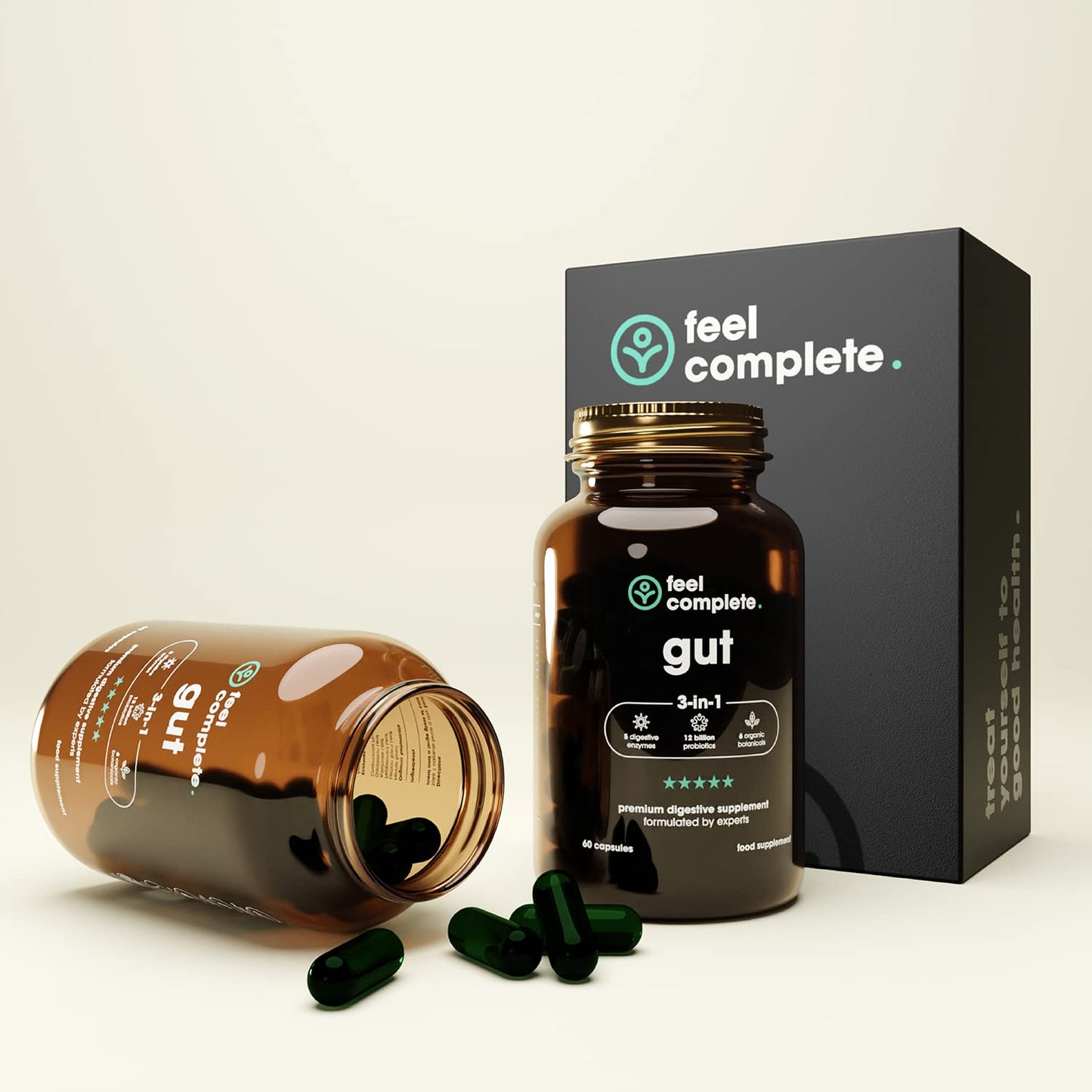 Feel Complete | Gut 3-in-1 | Premium Digestive Supplement | Probiotics & Digestive Enzymes & Prebiotics | Gut Health | Vegan | Made in The UK | 60 Capsules