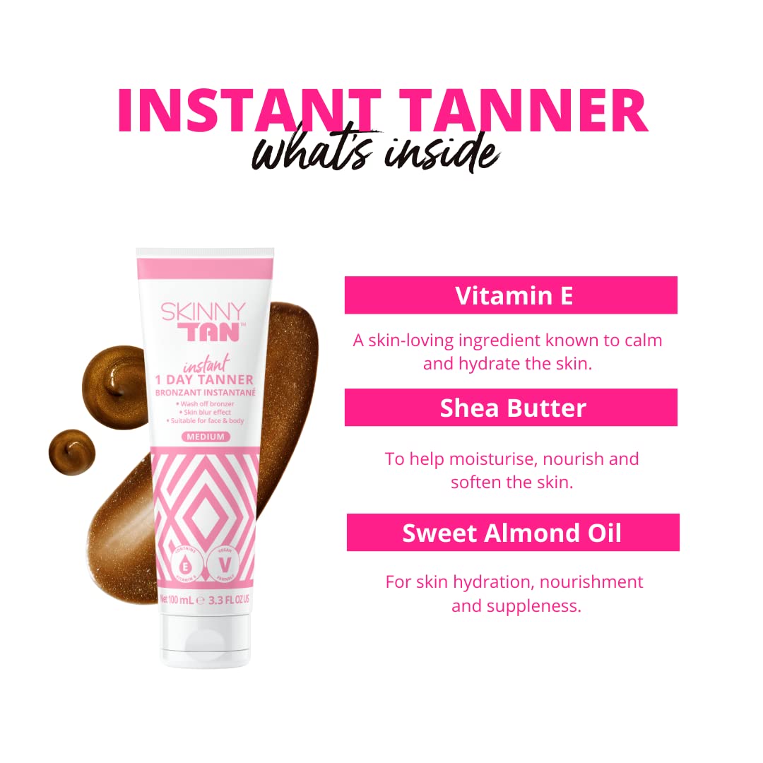 SKIN & TAN 1 Day Instant Tanner 100ml - Wash Off Body Bronzer for Face & Body - Non-Transfer, Smudge-Proof, Quick Tan Lotion - Sunless Fake Tan (Medium)