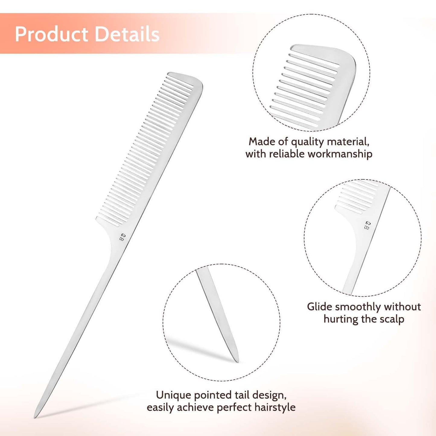 Mozeat Lens MOZEAT LENS Metal Rat Tail Comb Stainless Steel Hair Comb with Parting Tip for Hair Stylist Women Men