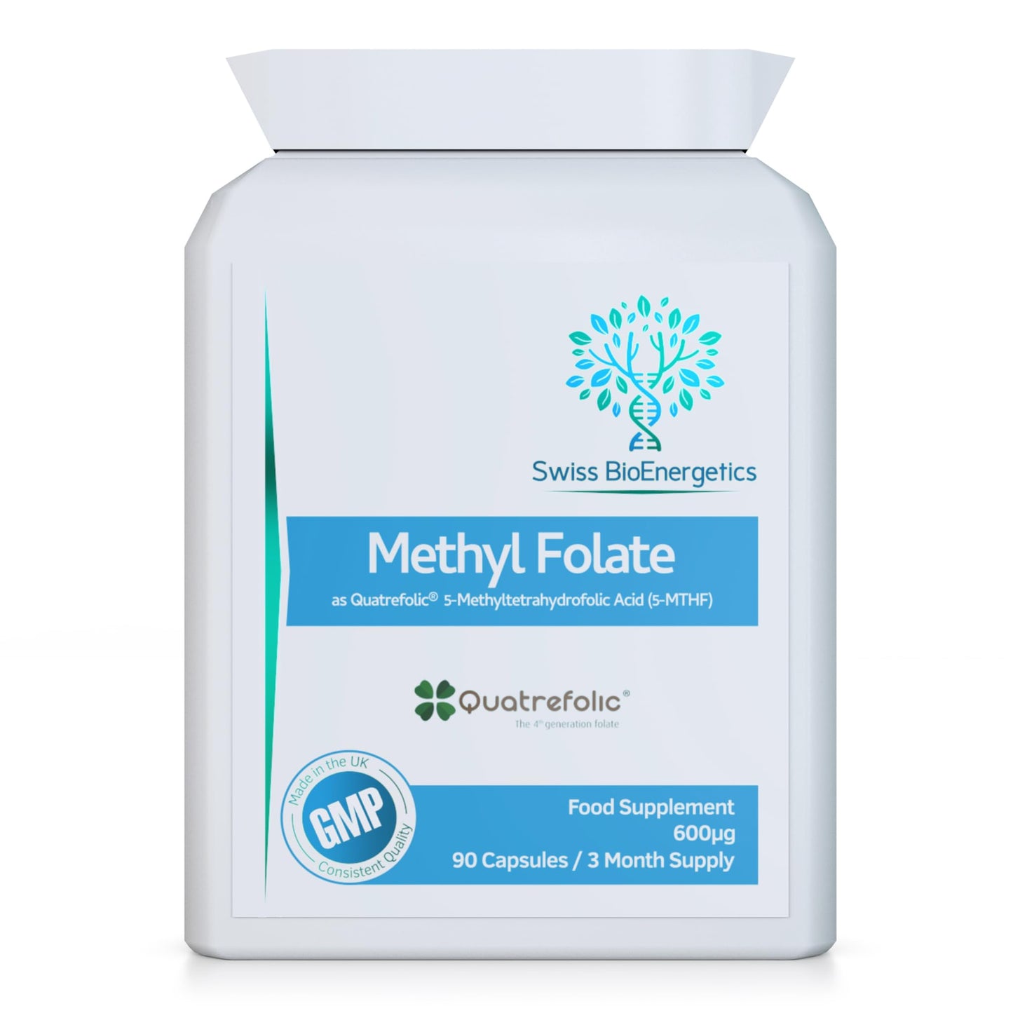 swiss bioenergetics Methyl Folate 600µg - 90 Capsules as Quatrefolic 5-MTHF Supplement 6S-5-methyltetrahydrofolate – the 4th Generation of Folate a Highly biologically Active Form of Folic Acid/Vitamin B9 - UK Made