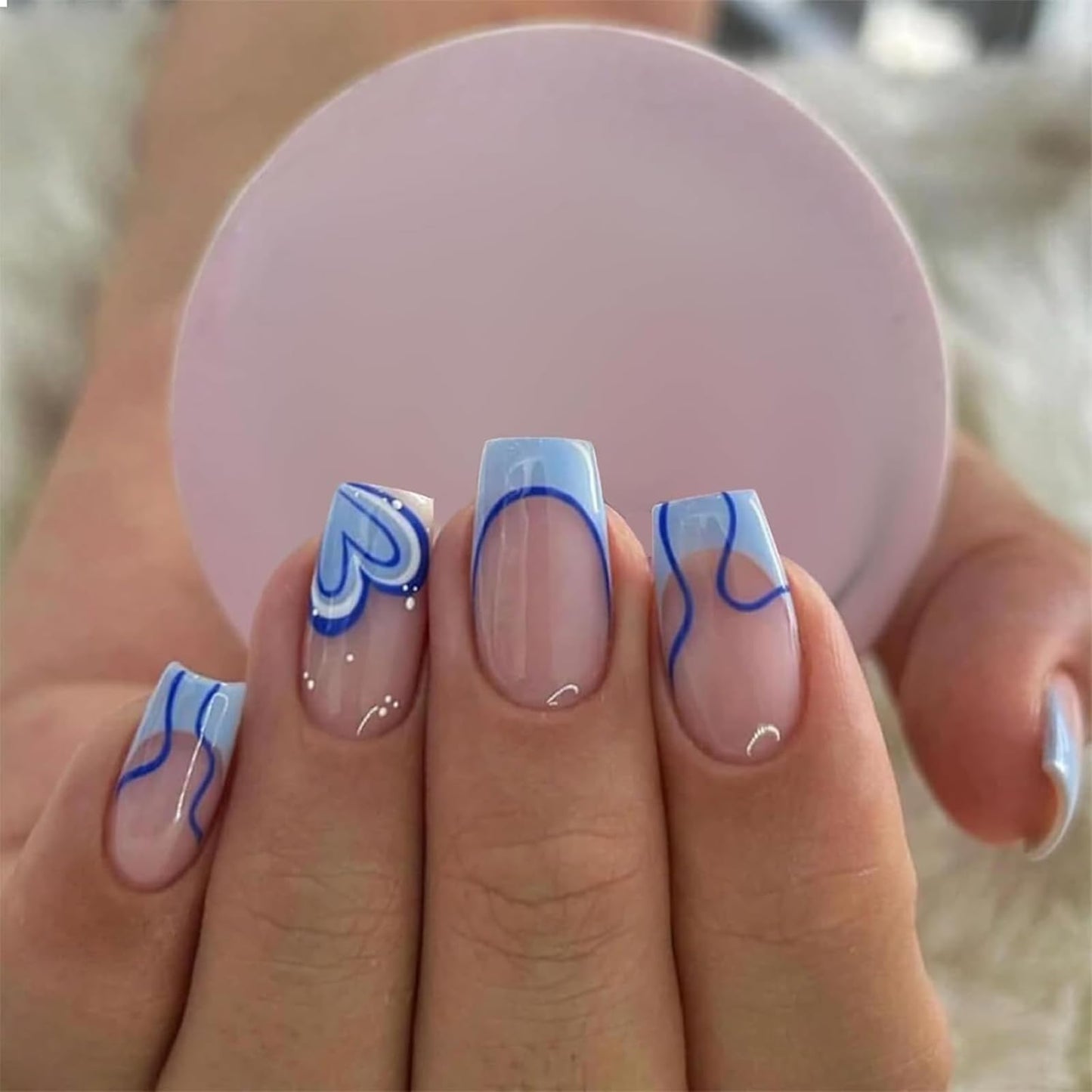 Mikloven 24PCS Blue Geometric French Tip Press-On Nails With Jelly Glue & Applicator Tool - Short Square Reusable Acrylic False Nail Kit For Women - Eco-Friendly Durable Multi-Size Manicure Set