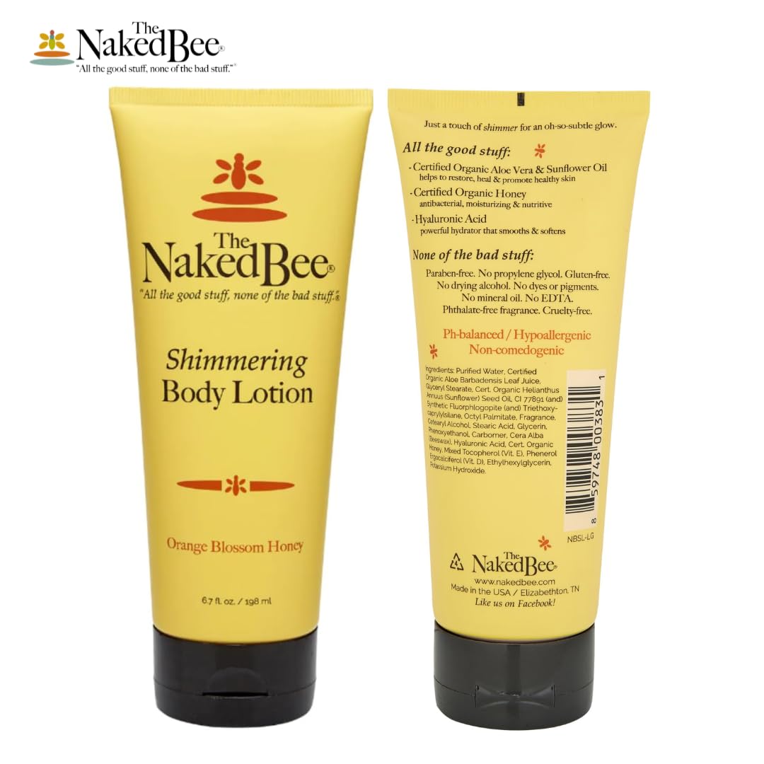 The Naked Bee Shimmering Orange Blossom Honey Hand & Body Lotion 6.7oz. Moisturising Body Lotion for Women. Shimmer Body Lotion, Hydrating Skin Care. Moisturising Shimmer Body Lotion for Hydration.