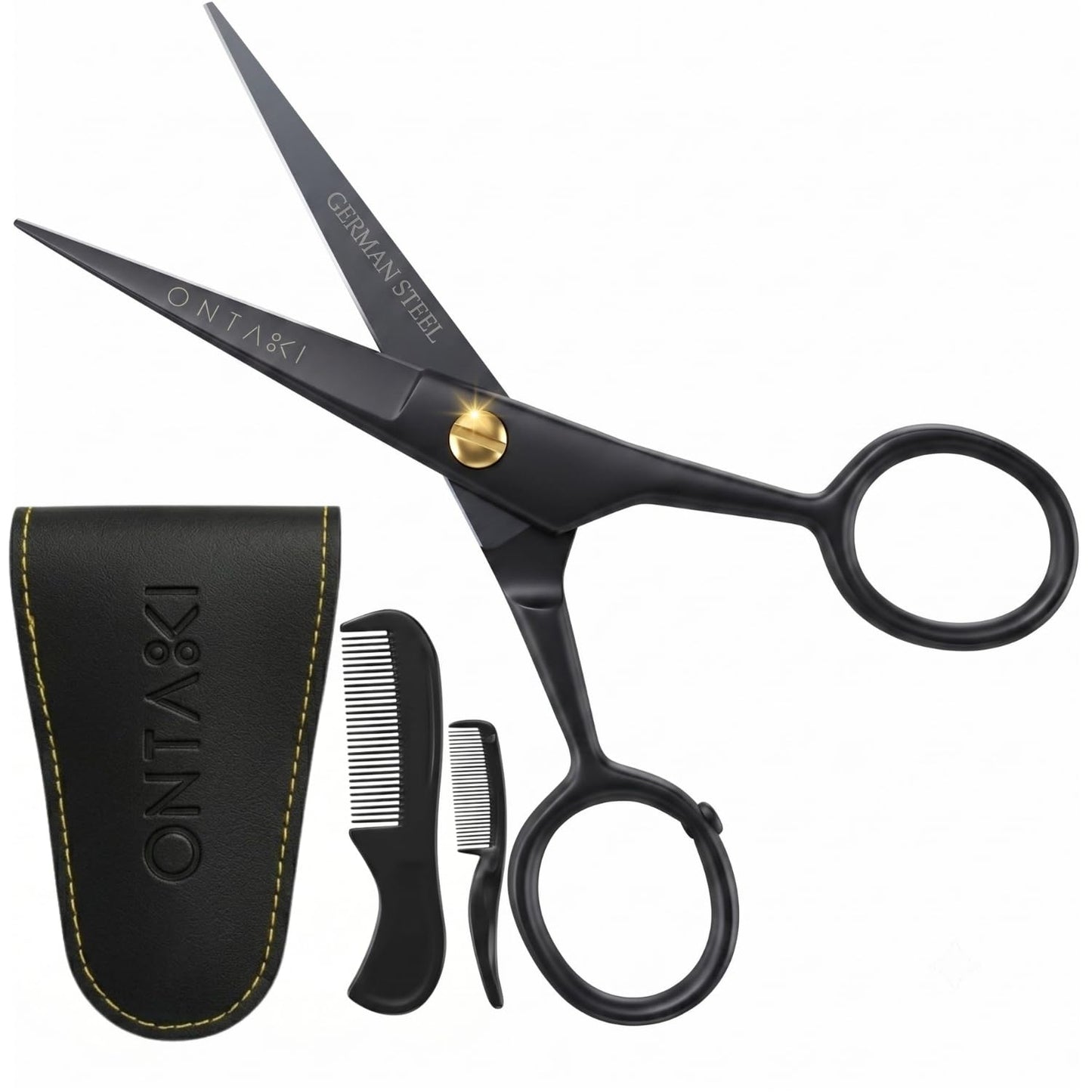 Ontaki ONTAKI 5" Beard Moustache Scissors Professional German Steel 2 Comb Carrying Pouch Mustache Trimming - Hand Forged Bevel Edge Precision Men Facial Hair Grooming Kit All Body Hair Black