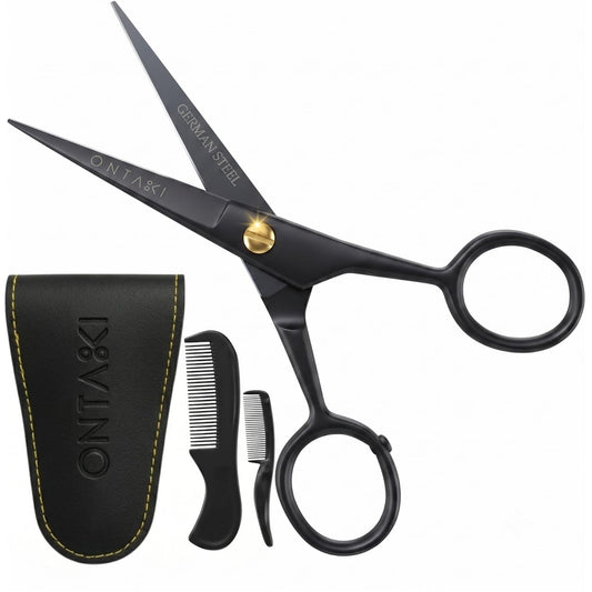 Ontaki ONTAKI 5" Beard Moustache Scissors Professional German Steel 2 Comb Carrying Pouch Mustache Trimming - Hand Forged Bevel Edge Precision Men Facial Hair Grooming Kit All Body Hair Black