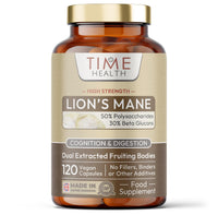 Time Health Lions Mane High Strength Extract - 50% Polysaccharides / 30% Beta 1,3/1,6 D Glucan - No Fillers, Binders or Flow Agents - 3rd Party Tested - UK Made - 120 Capsules