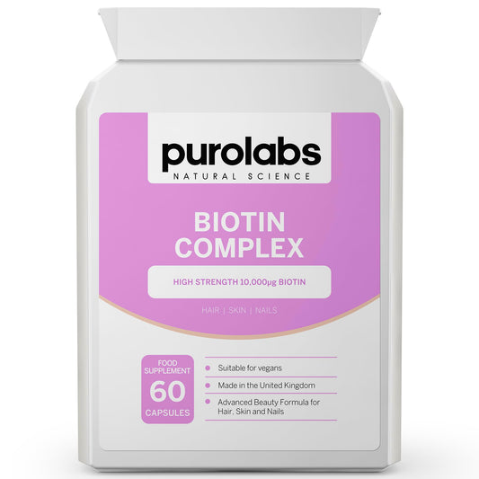 Biotin Hair Growth Supplement 10,000μg - Hair Skin & Nails Vitamins for Men & Women with Selenium, Zinc & Vitamin C - 60 Vegan Capsules - Made in The UK by Purolabs