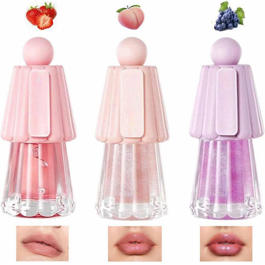 Haiyox 3PCS Glossy Hydrating Lip Oil Set,Cute Fruit-Flavored Lip Gloss Set,Jelly Fruit Lip Oil With Big Brush,Plumping Long Lasting Moisturizing Tinted Lip Balm,Glossy Lip Make Up,No-Sticky