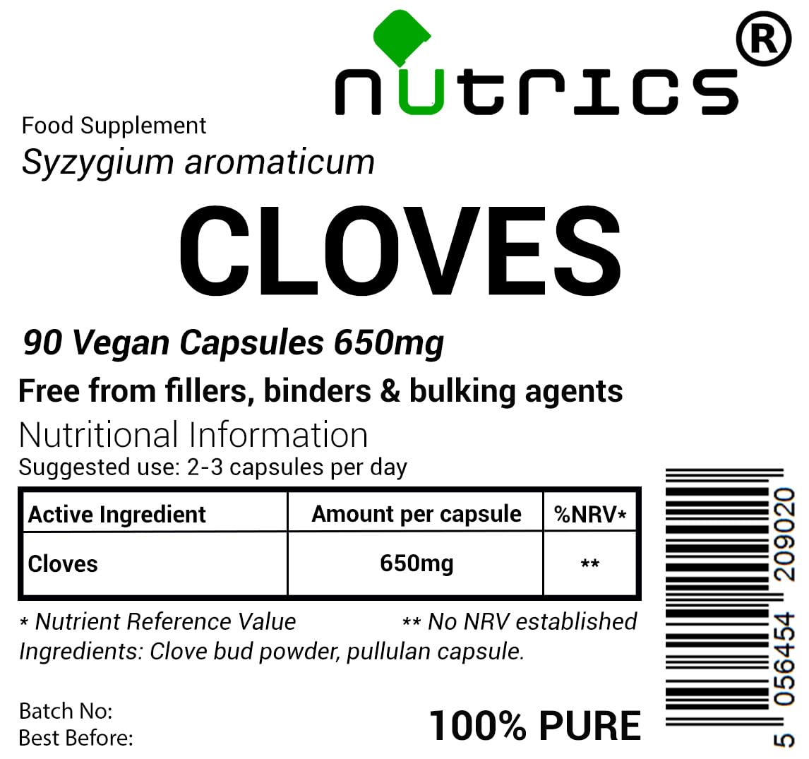 Nutrics® 650mg Clove Pure 90 V Capsules Supplements (1 Month Supply) - Cloves Syzygium aromaticum - Suitable for Vegan Vegetarian No Fillers Binders or Bulking Agents