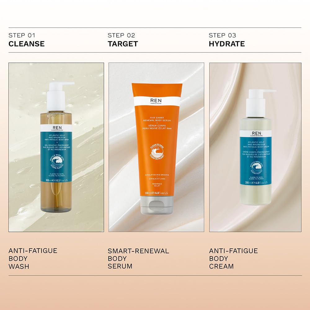 REN Clean Skincare - AHA Smart Renewal Body Serum - Exfoliating and Hydrating Skincare Serum 200 ml, (Pack of 1), 44412