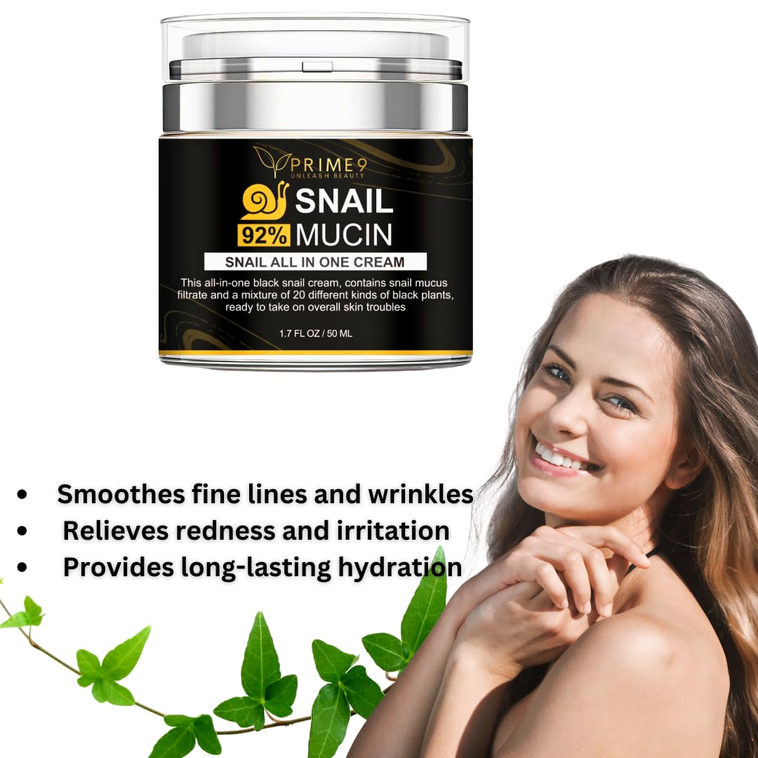 PRIME9 Prime9 Snail Mucin Cream 92% – Korean All-in-One Moisturiser for Deep Hydration, Smooth Skin, Anti-Aging & Blemish Care, Face Cream for Sensitive Skin