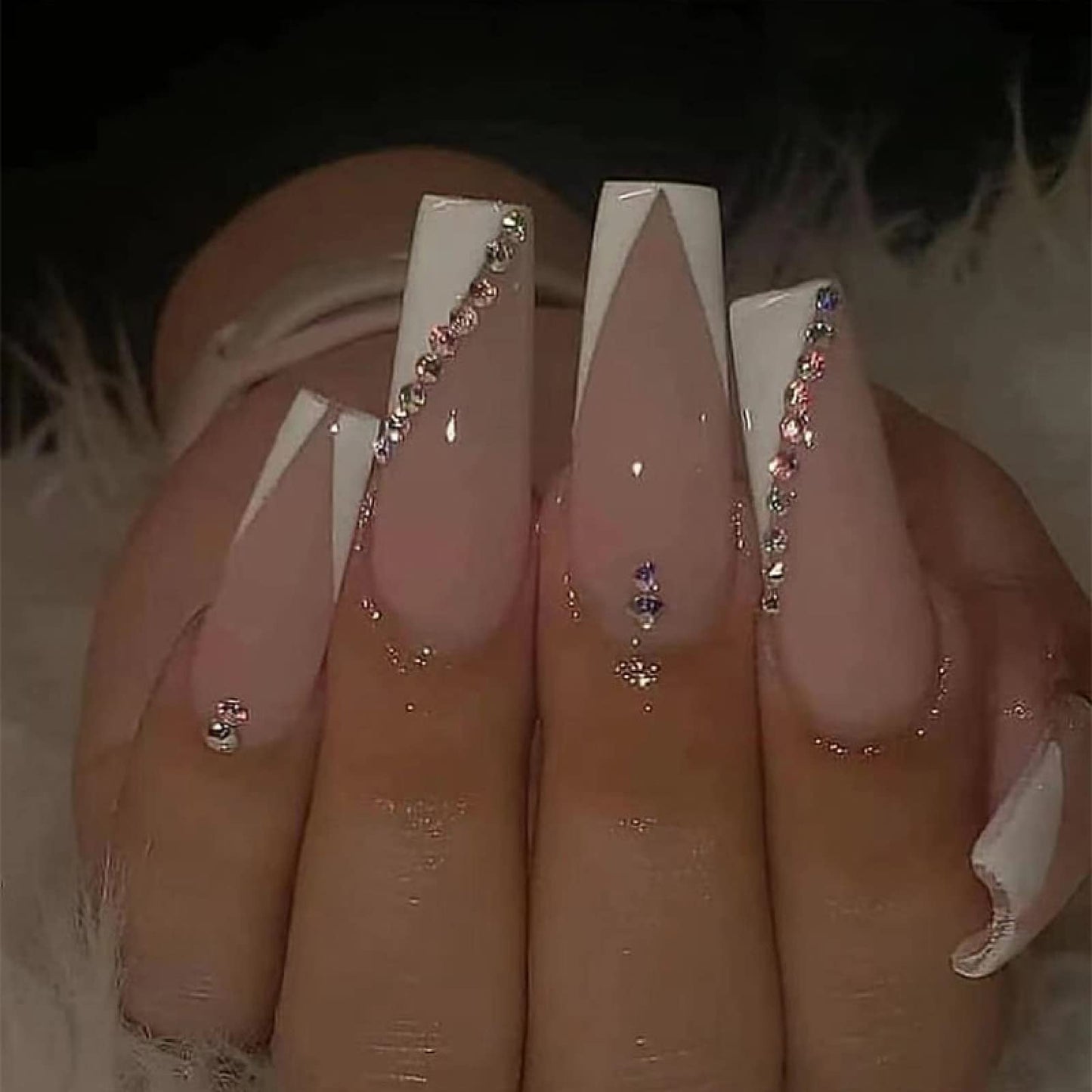 TMUT 24pcs Square False Nails Long for Women, Stick on White Edge Press with Rhinestones, French Tip Nails, Removable Glue-on Fake Women Girls Nail Art Accessories, 1.0 millilitre