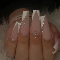 TMUT 24pcs Square False Nails Long for Women, Stick on White Edge Press with Rhinestones, French Tip Nails, Removable Glue-on Fake Women Girls Nail Art Accessories, 1.0 millilitre