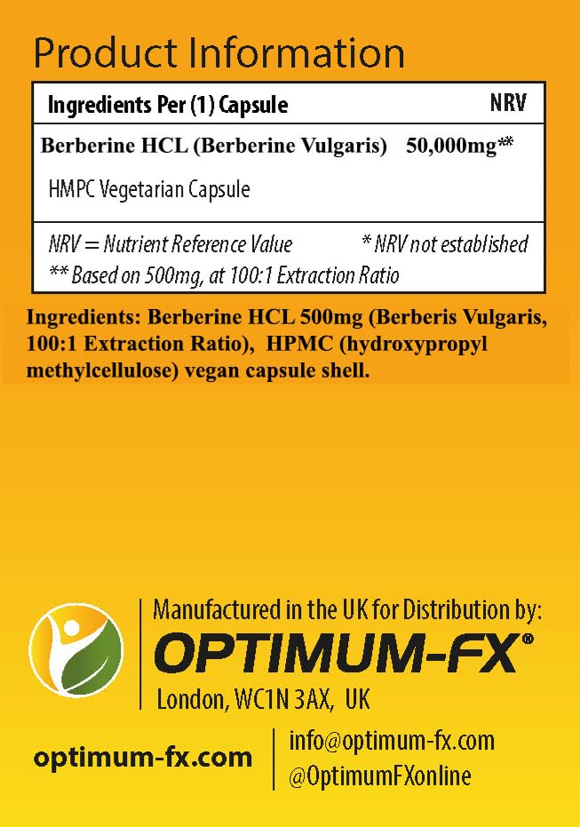 optimum-fx Berberine HCL 50,000 mg Pure Natural Extract - 500 mg at 100:1 – 120 High Strength Capsules