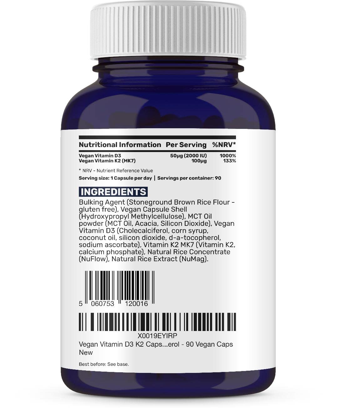 Vegan Vitamin D3 K2 Capsules, 2000 IU, High Strength Vitamin D with 100mcg Vitamin K2 MK7 & MCT Oil, Highly Absorbed, Easy to Swallow, One a Day, Cholecalciferol, 90 Vegan Capsule, Made in UK