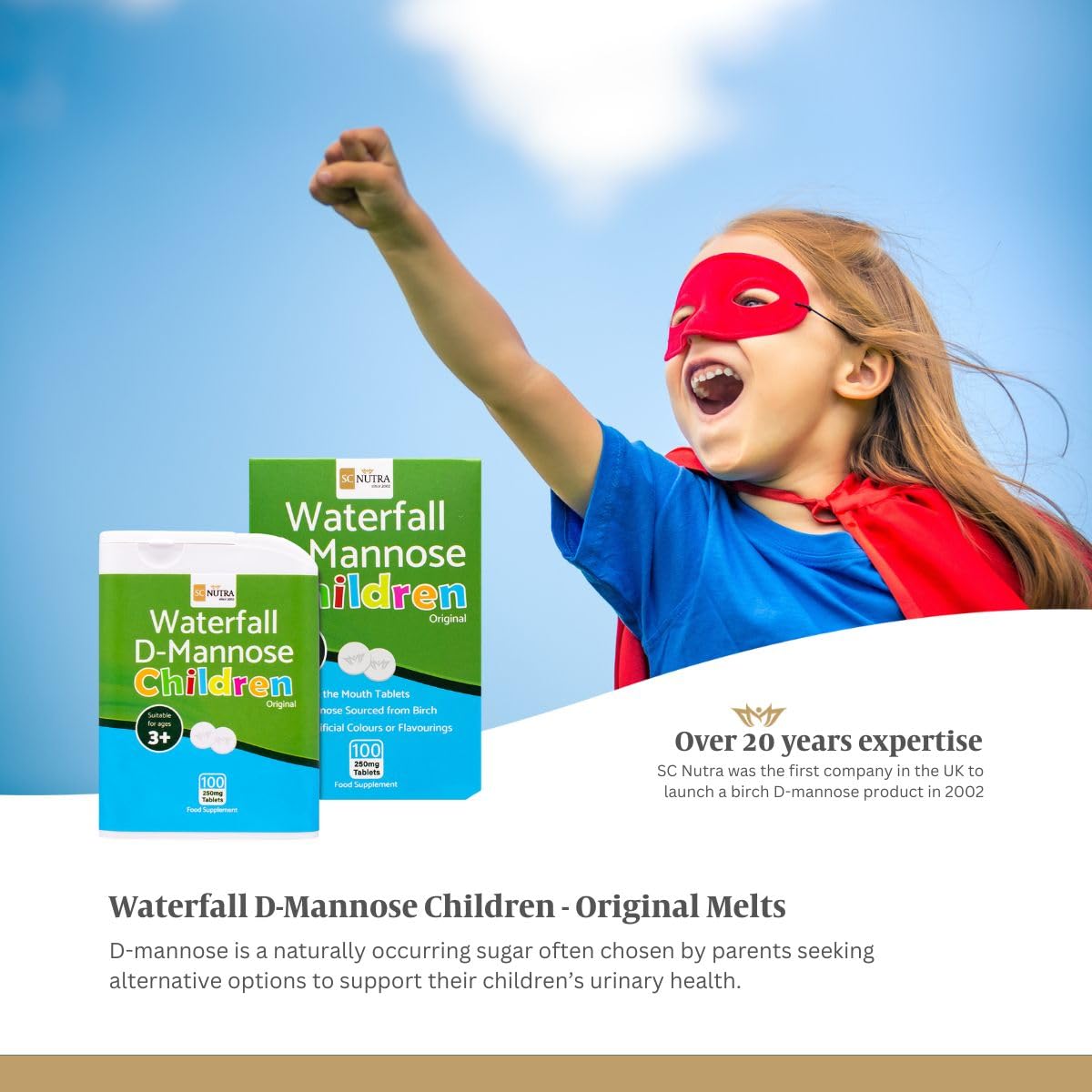 sc nutra Waterfall D-Mannose for Children Melts (Melt in the Mouth Tablets) for Kids – Suitable for Boys & Girls 3+ | 250mg Melts – 100 Count - Original (No Flavour)