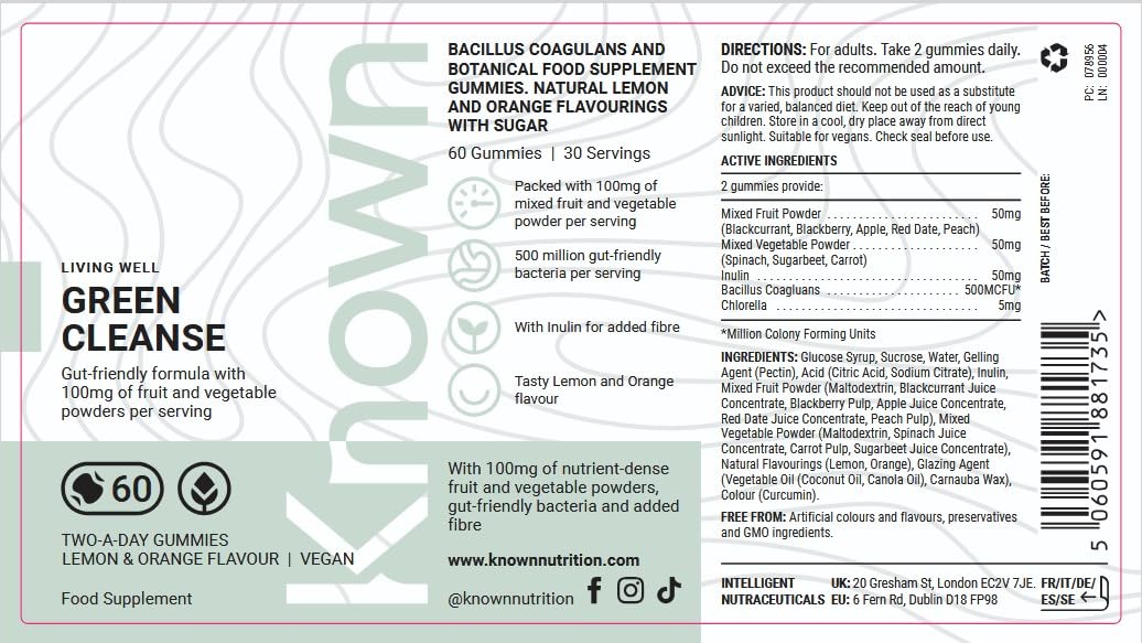 Known Delicious Green Cleanse Gummies - Chlorella & Gut-Friendly Bacteria - Natural Lemon & Orange Flavour - 60 Vegan Gummies, 1 Month Supply