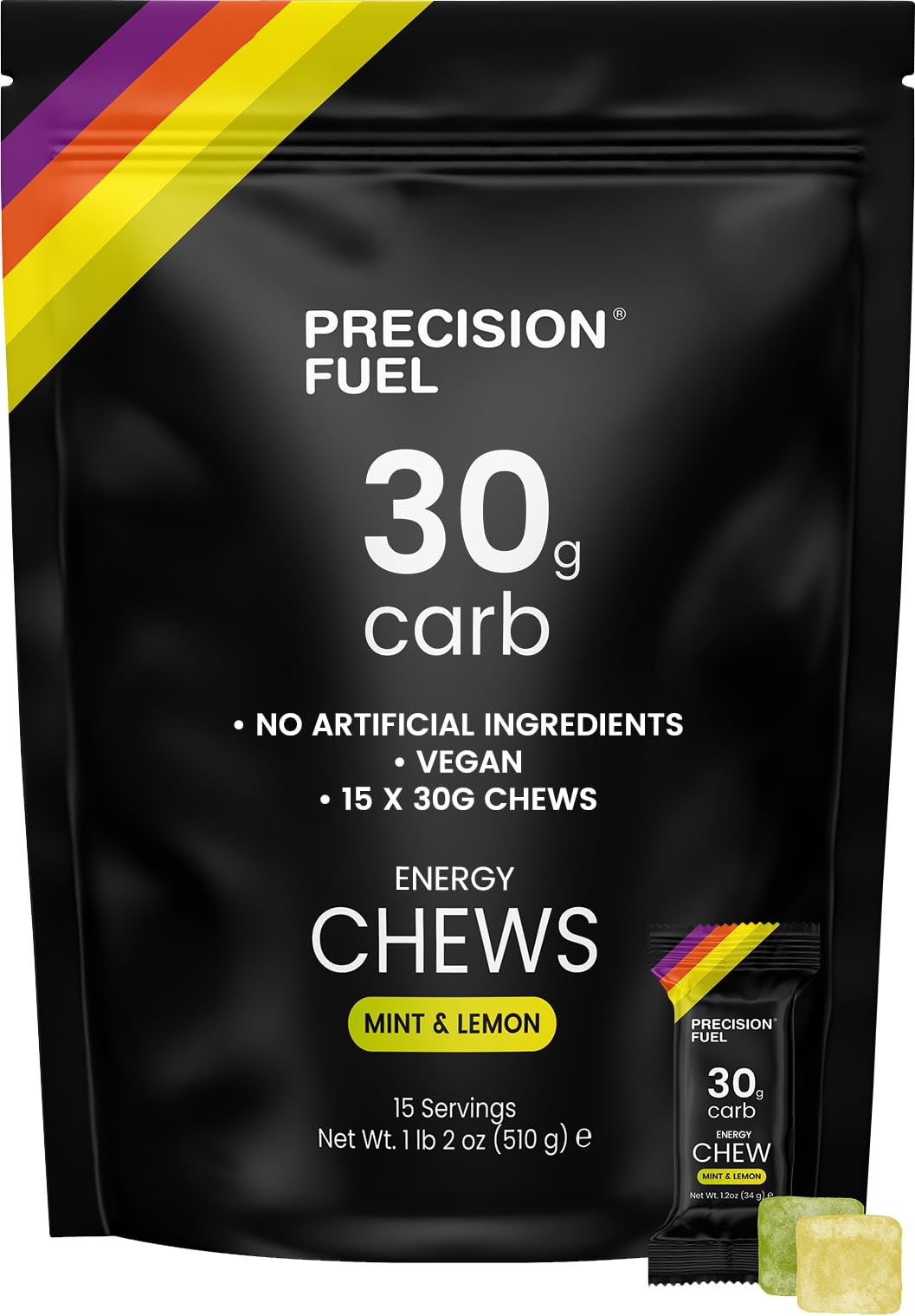Precision Hydration Precision Fuel PF30 Energy Chews - Carb, Lightweight Snack for Endurance Sports, 30g Carbs per Serving, Ideal for Running & Cycling, No Artificial Ingredients - Mint & Lemon Flavour (15 x 34g Chews)