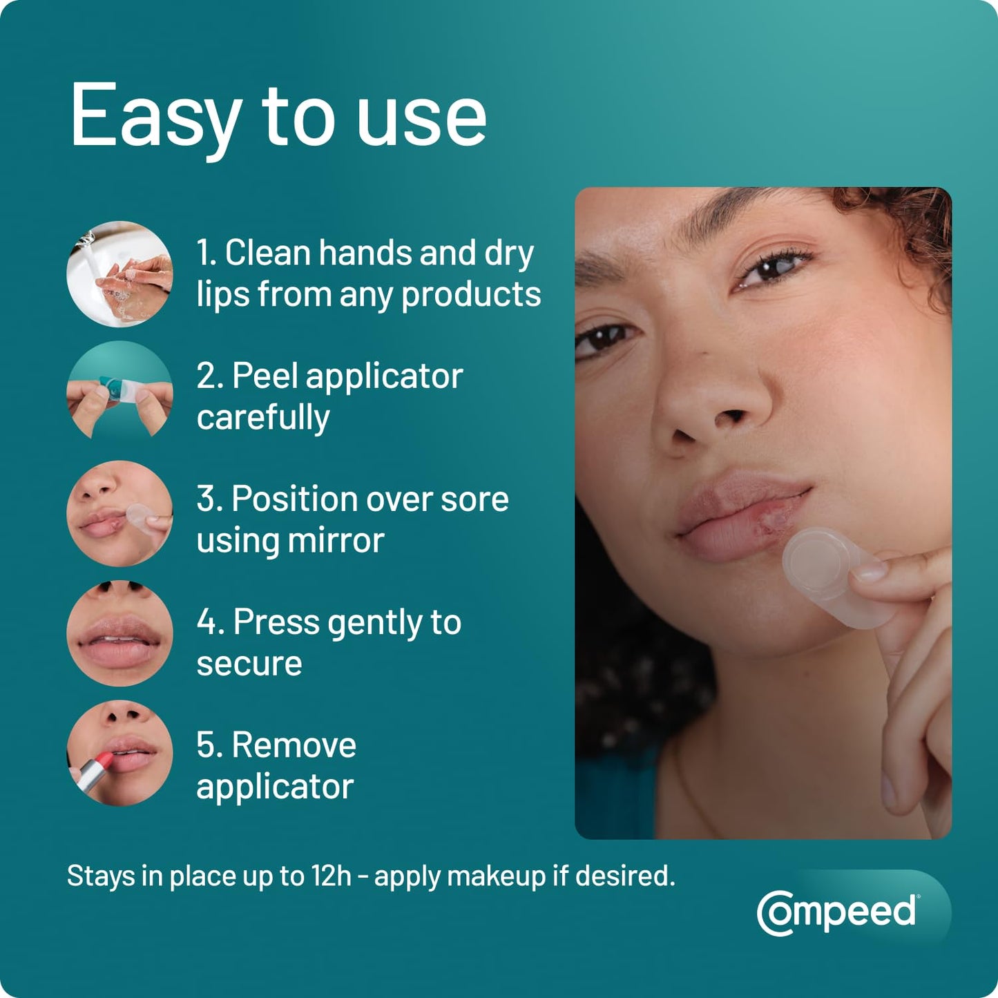 Compeed Hydrocolloid Cold Sore Treatment Patches (15 Invisible Plasters for Cold Sores) - 12 Hours Protection from Water, Bacteria & Viruses - Discreet, Easy to Apply Patches with Patch Applicator