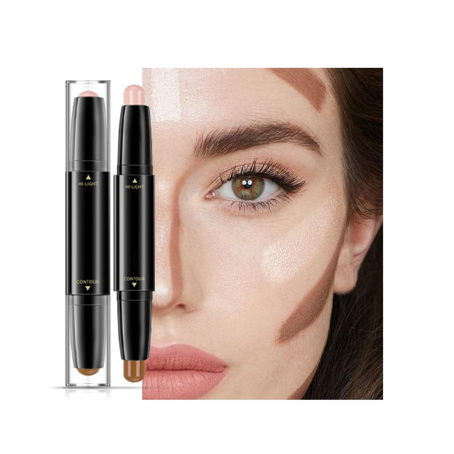 LYNTYAOU 2-in-1 Contour,Highlighter & Contour Stick,Brighten Shadow with Brush Kit,Smooth Sculpting Bronzer for Medium Skin Tone, Long Lasting & Waterproof Contour Sticks Kit for Light Skin Face Makeup