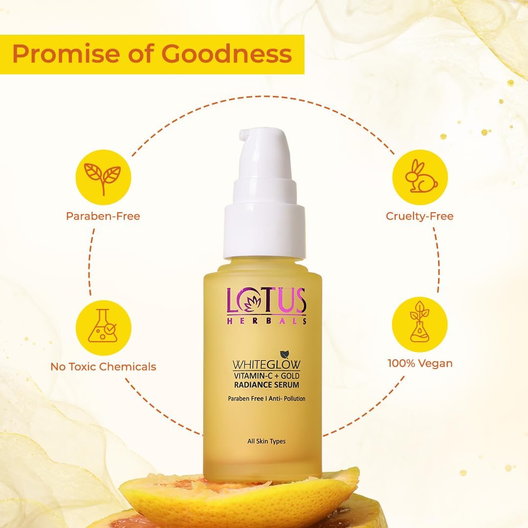 Lotus Herbals Whiteglow Vitamin C And Gold Radiance Face Serum | For Dull & Dry Skin | Brightening & Hydrating | 30ml